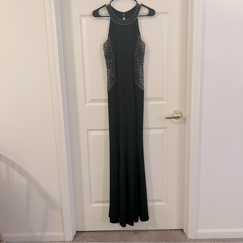Black formal fitted dress with rhinestone sides and collar
